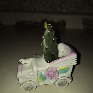 Whimsical Ceramic Car Planter with Pink Accents  Real cactus comes with.